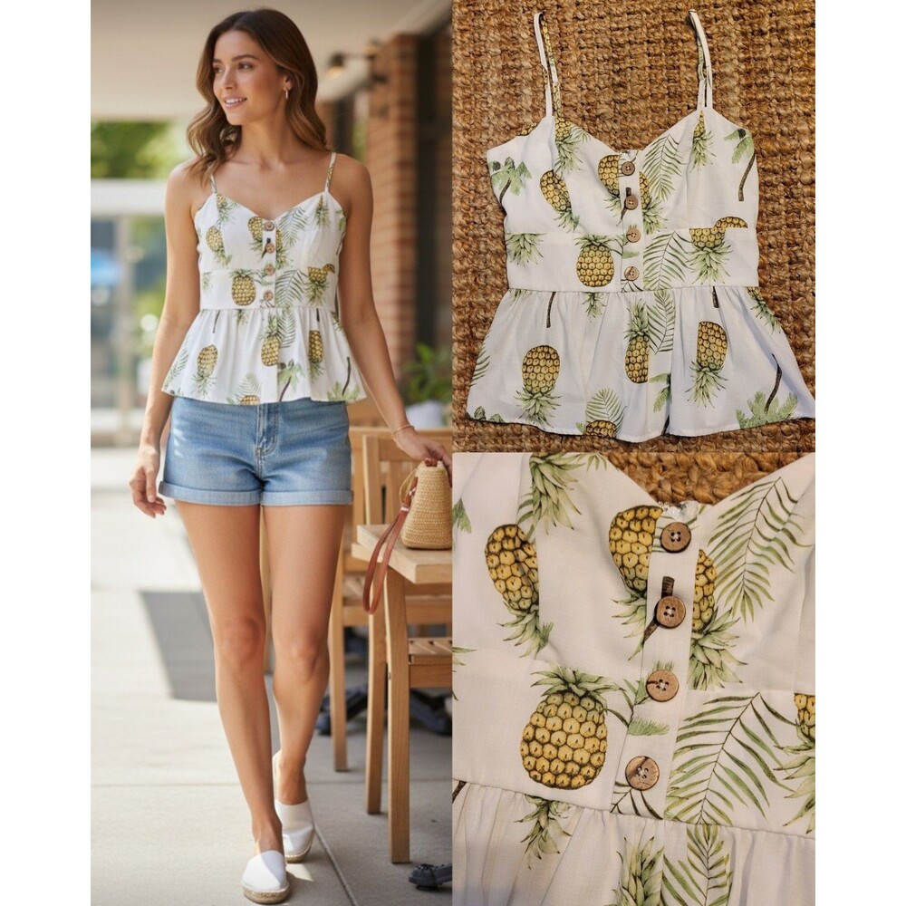 Sexy Pineapple Tropical Button Down Cami Top Boho Botanical Peplum Camisole - Picture 1 of 6